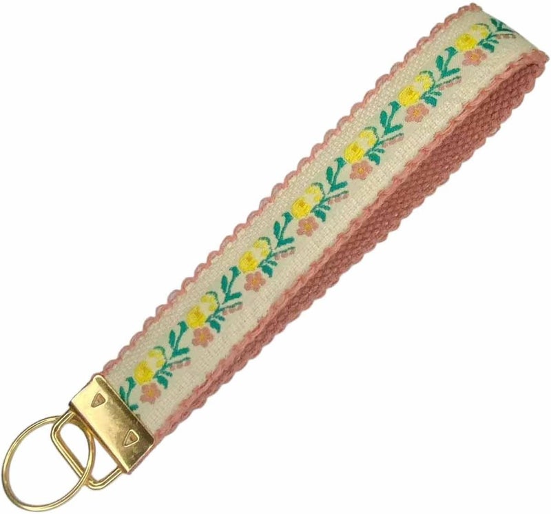 BattleTim Floral Embroidered Fabric Keychain Wristlet Key Fob Keychain Car Key Chain Holder Handmade Wristband for Women - Image 1
